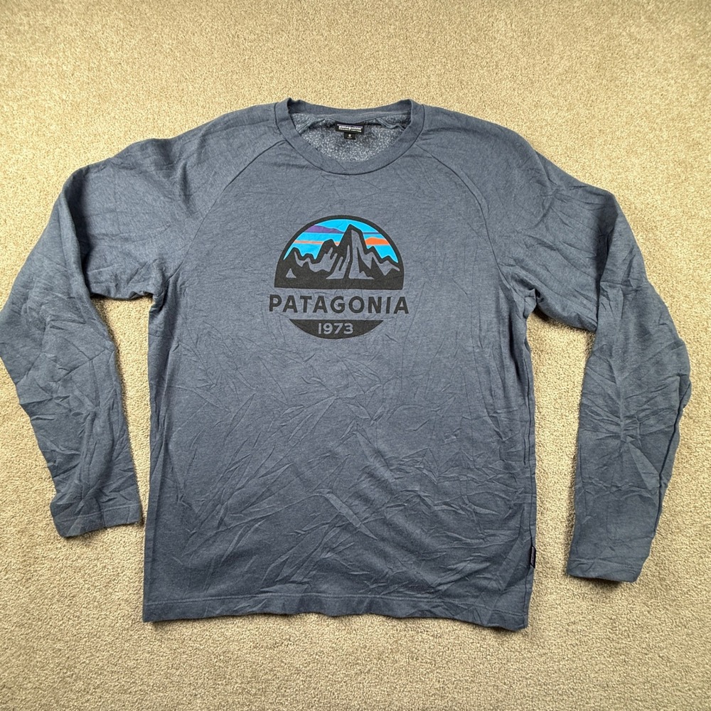 Patagonia Mens 1973 Logo Organic Cotton Fleece Raglan Sweatshirt Blue M